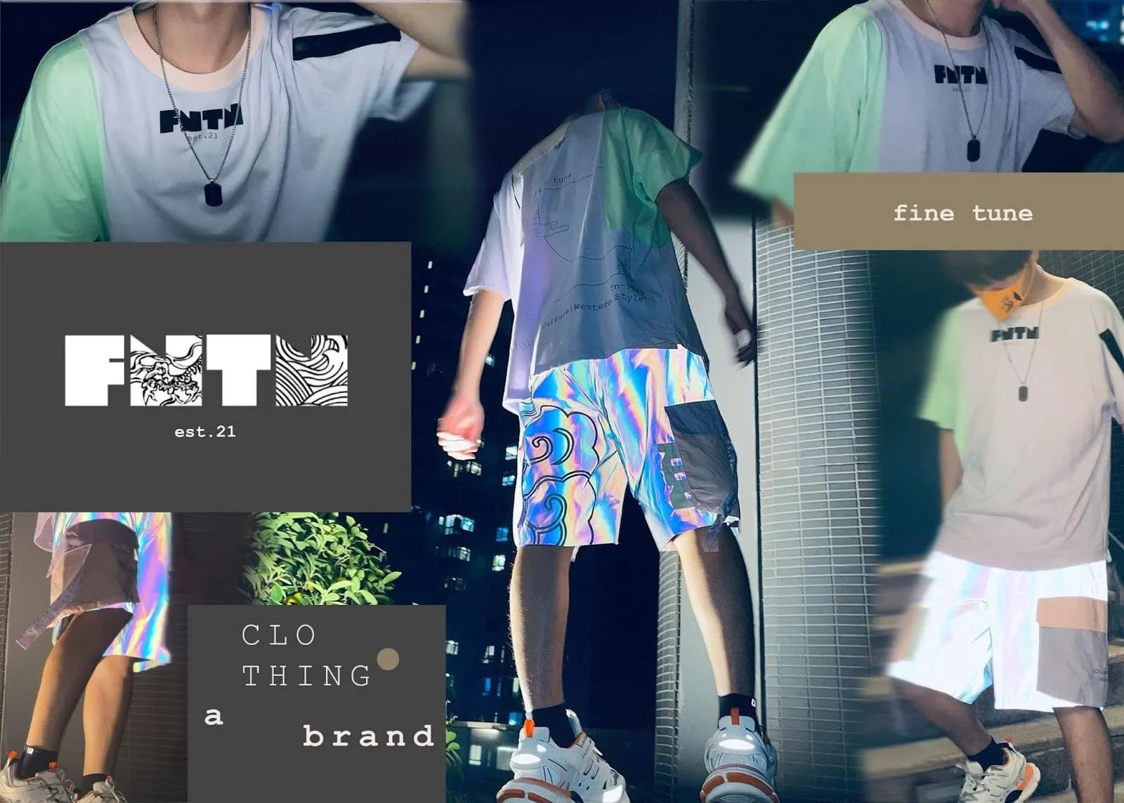 FNTN collage: a model in a pastel colour-blocked tee and holographic shorts, the FNTN est.21 logo panel and “CLOTHING a brand” type over city and foliage photographs