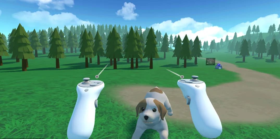 In-headset view: a brown-and-white puppy sits between two white Quest controllers on a dirt path in a sunny low-poly pine meadow.