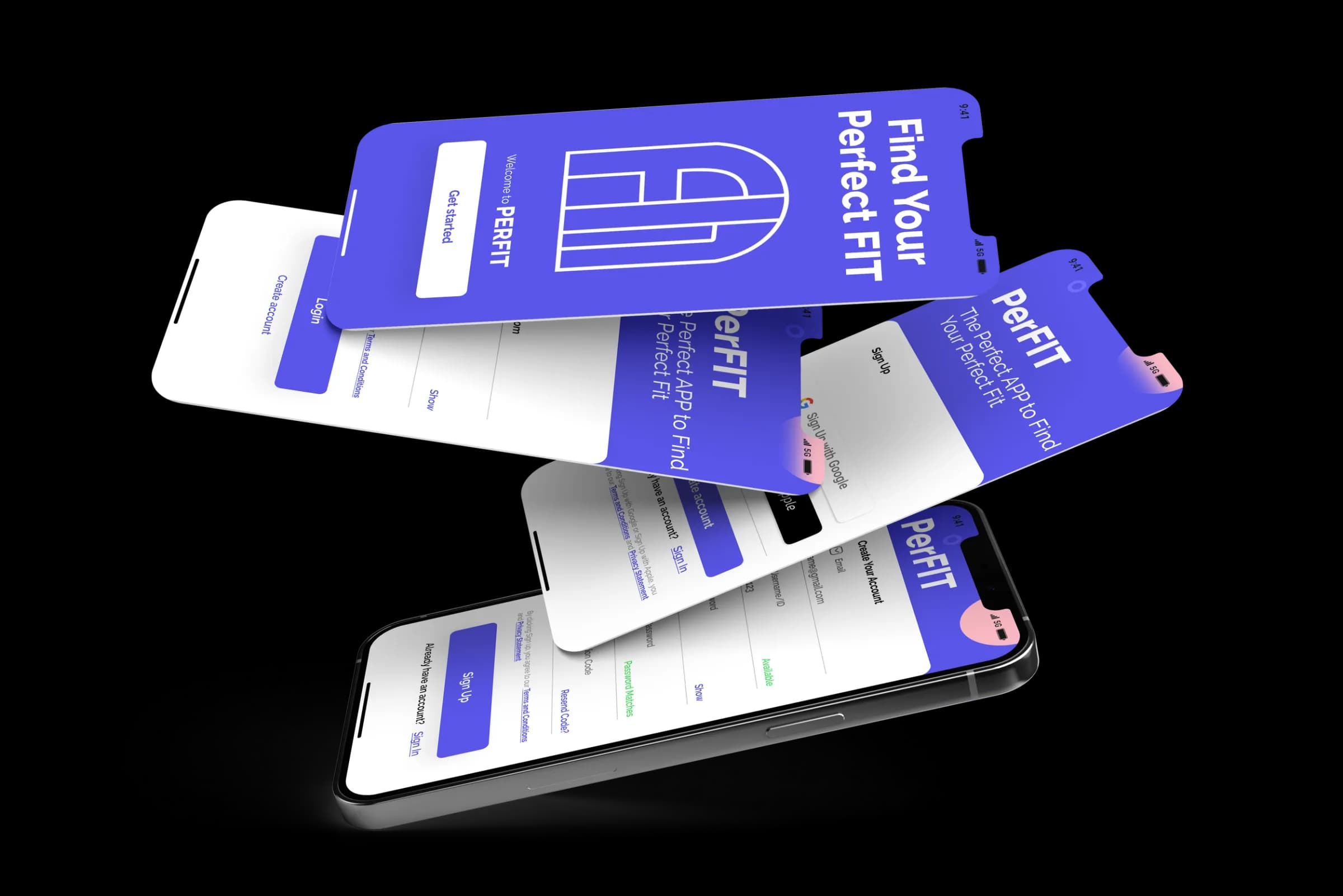 Several PerFIT app screens fanning out of an iPhone in 3D, the violet “Find Your Perfect FIT” splash screen on top.