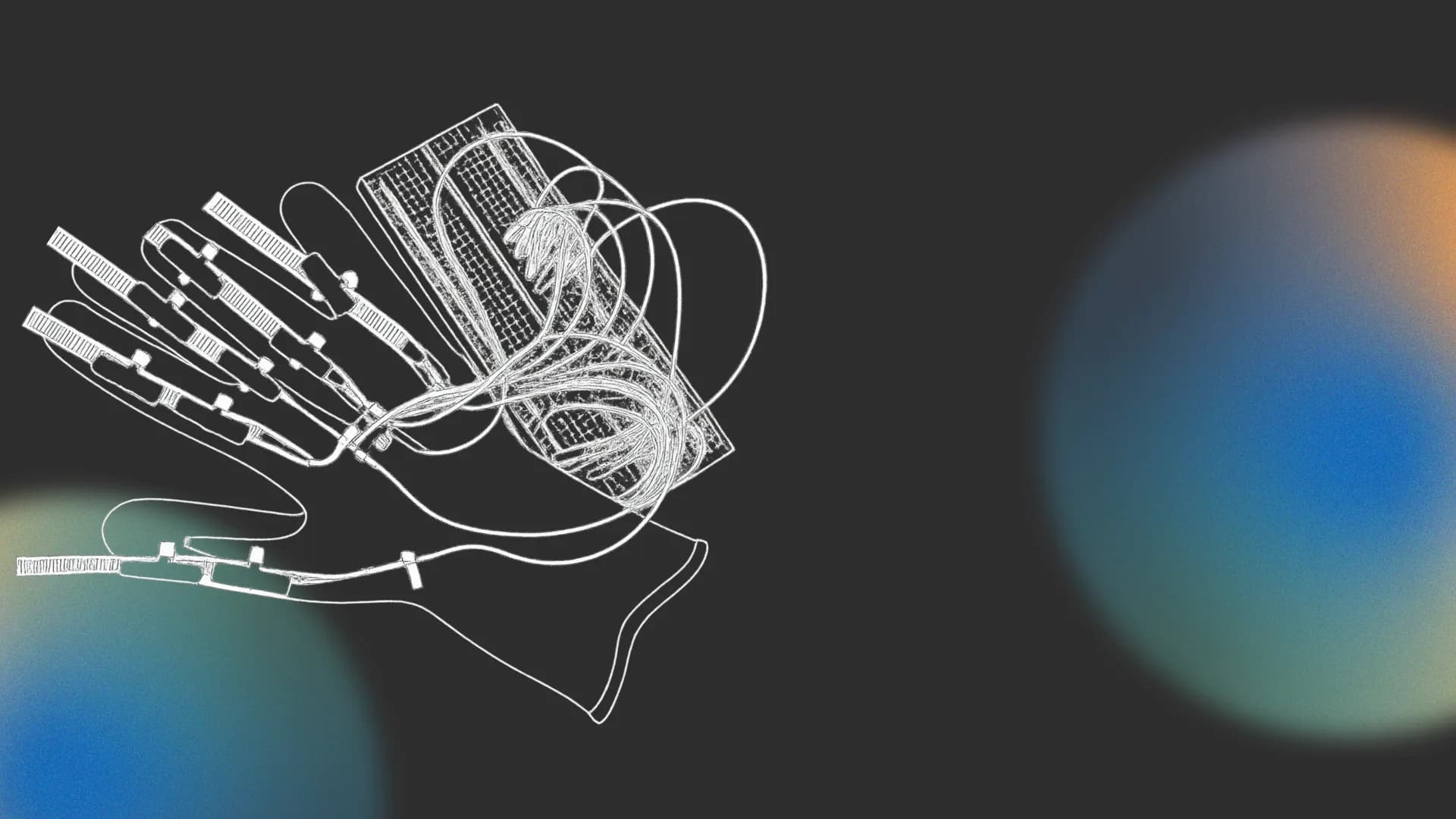 White line drawing of the ReSense glove — a flex sensor along each finger, wires looping into a breadboard — on charcoal, with soft blue and amber glows at the edges.