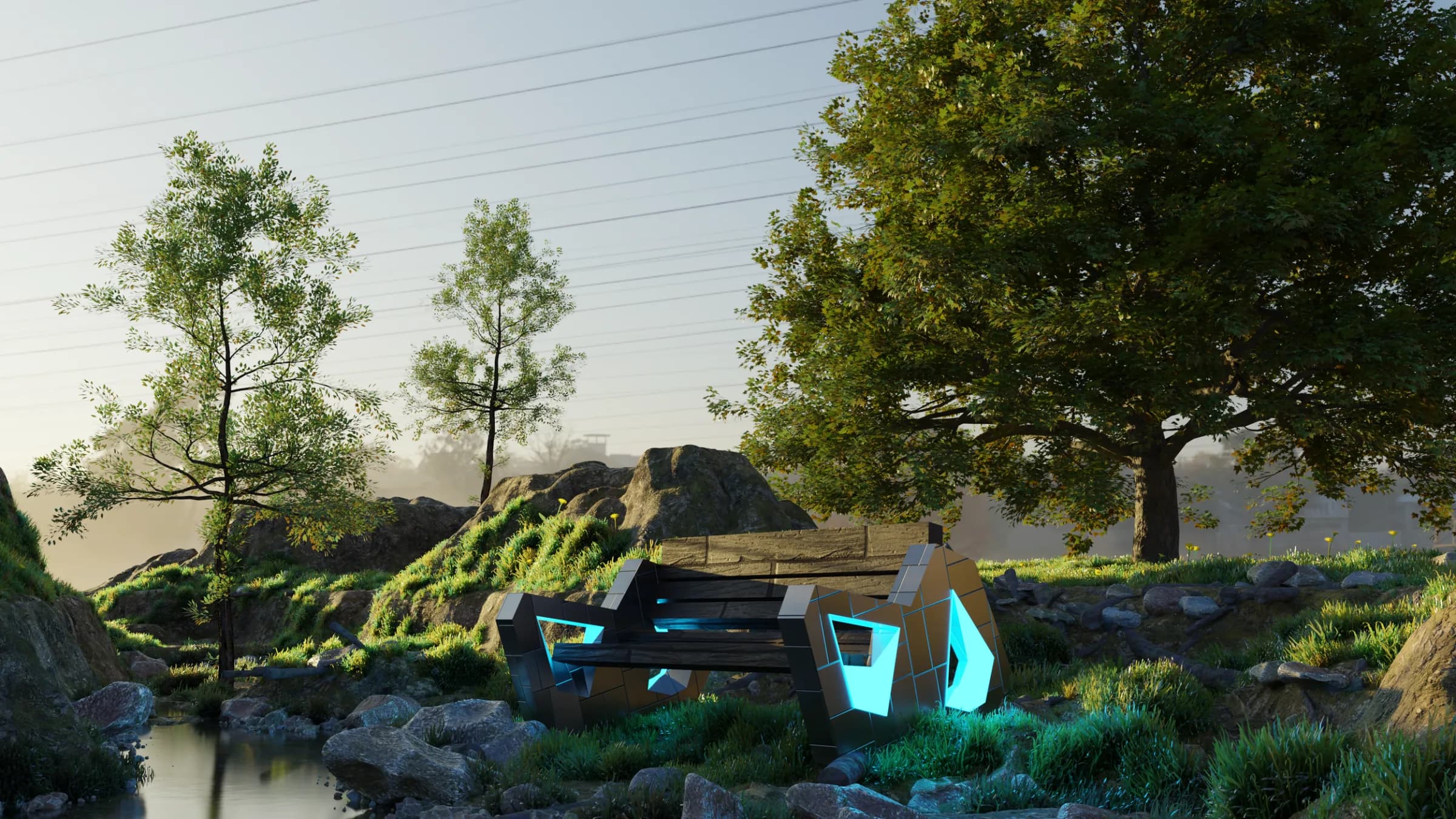 Photoreal Blender render of the Smart Bench in a hazy waterfront park: faceted grey side frames with glowing cyan LED cavities and dark wooden slats, beside a pond, rocks and trees.