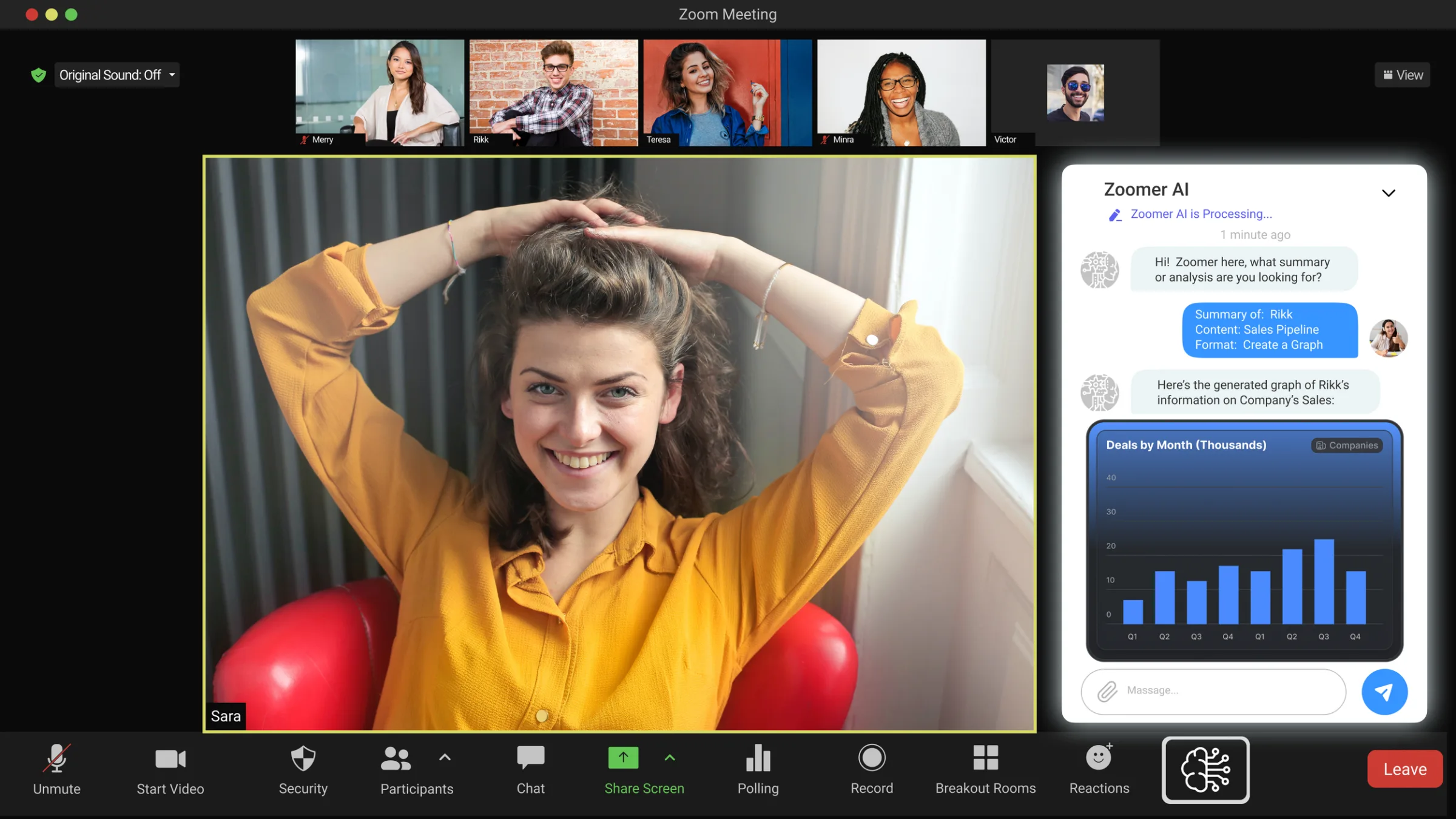 Zoomer AI mockup of a dark Zoom meeting: a row of participant thumbnails above the speaker’s video, and a Zoomer AI chat panel that has summarised another participant’s sales update and generated a “Deals by Month” bar chart.